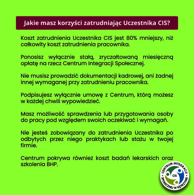 Infografika korzyści dla pracodawcy Uczestnika CIS