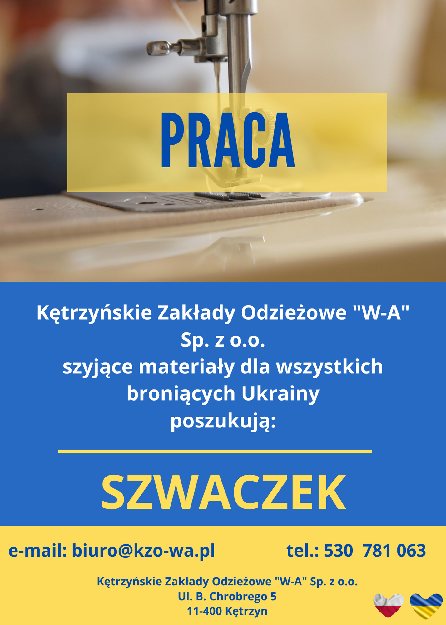 Infografika: W tle maszyna do szycia. Tekst: PRACA. ętrzyńskie Zakłady Odzieżowe 